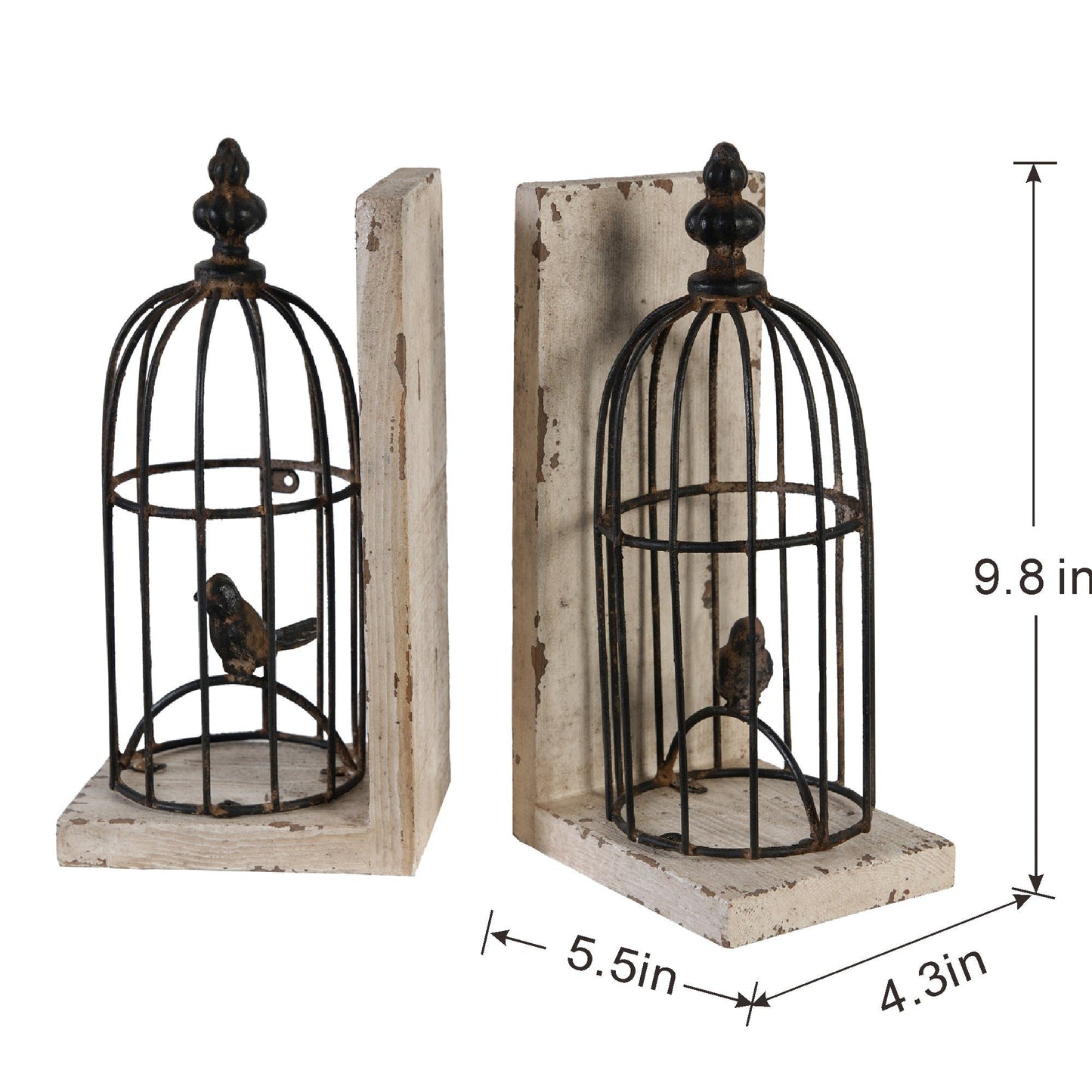 S/2 5.5x4.5x10' Distressed Black Bird Cage Bookend, Antique White