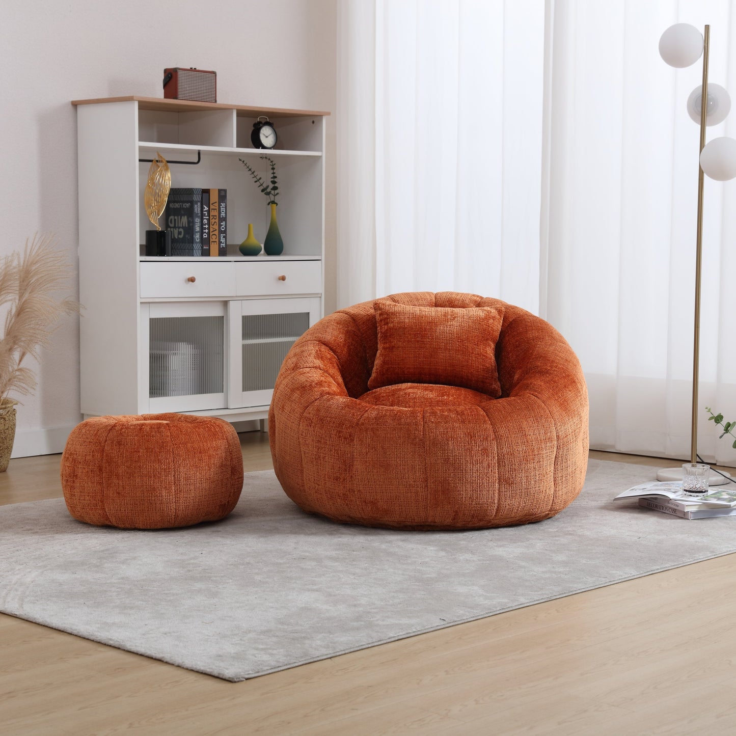 Modern Extra Large Round Bean Bag Chair With Footrest for Living Room, Chenille Fabric Lazy Sofa With Pillow for Adults,