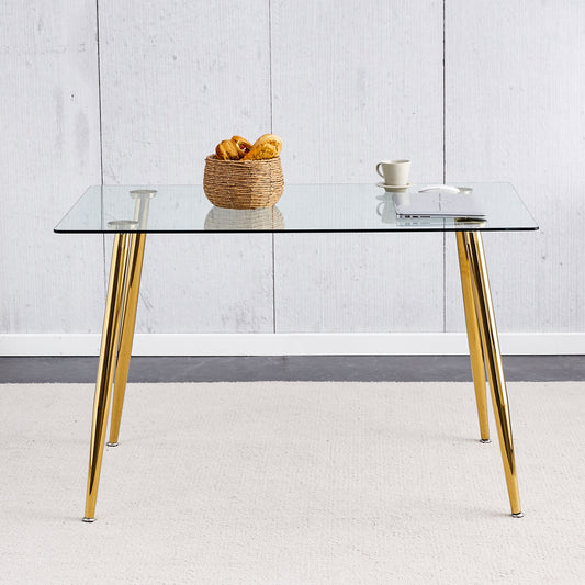 Modern Minimalist Rectangular Glass Dining Table for 4-6 With 0.31' Tempered Glass Tabletop and Golden Plating Metal Le
