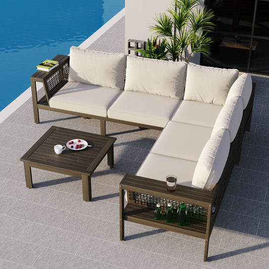 4 Pieces Outdoor Acacia Wood Sofa Set, Woven Mesh Armrests, L-Shaped Patio Furniture Sofa Set With Coffee Table, Outdoor