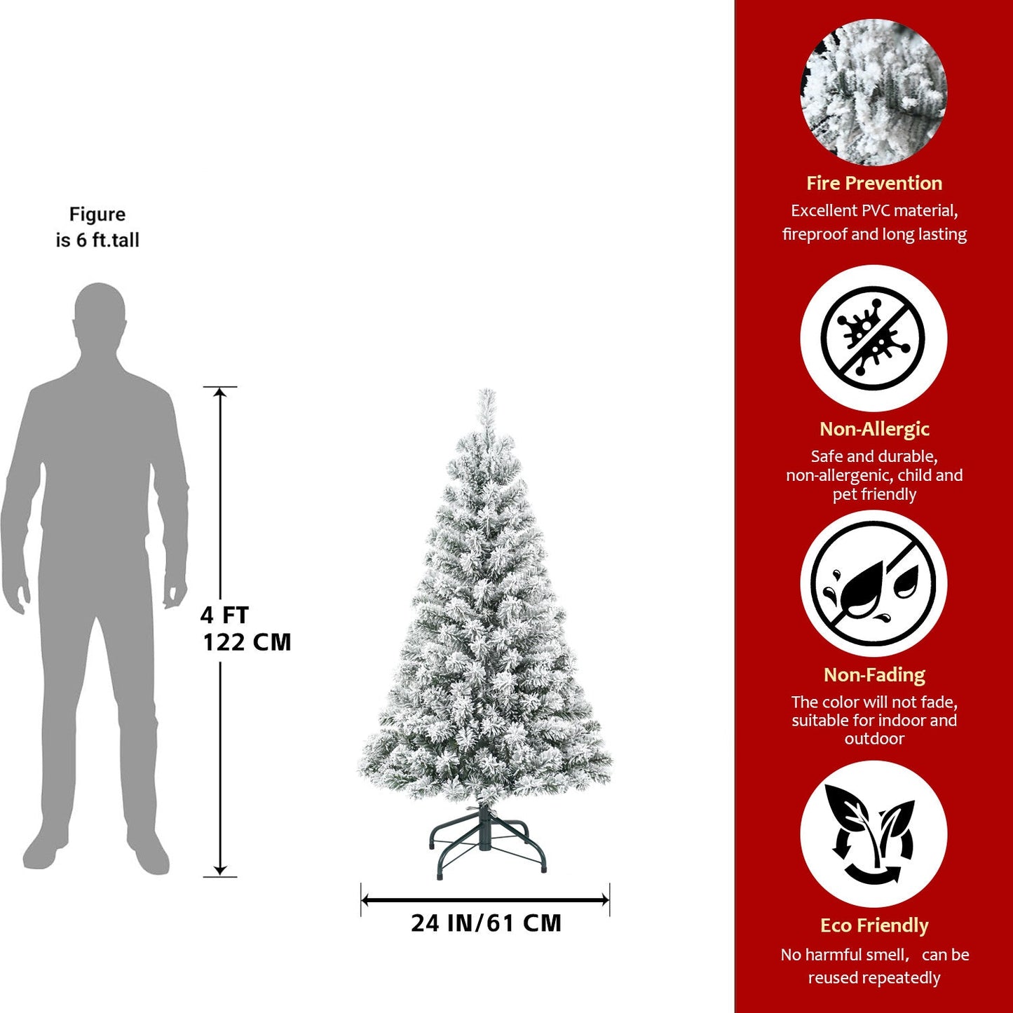 4FT Flocked Christmas Tree – Snowy PVC Artificial Holiday Tree With 233 Tips, Compact Full Shape, Sturdy Metal Stand, Ch