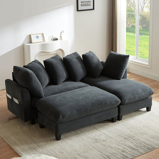 Black Upholstered 83' L-Shaped Sectional Sofa With Storage, Movable Ottoman, and Six Throw Pillows