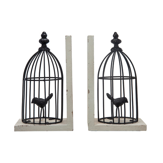S/2 5.5x4.5x10' Distressed Black Bird Cage Bookend, Antique White