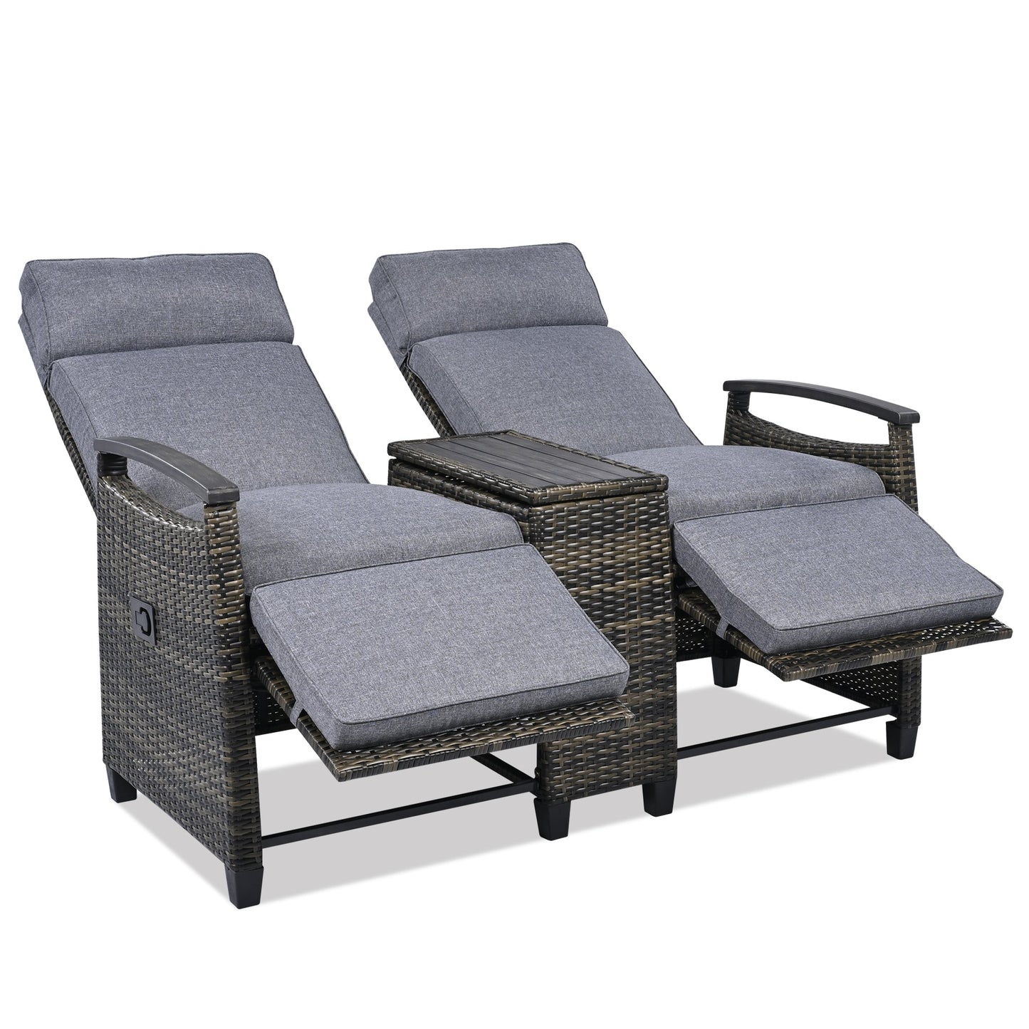 Patio Recliner Loveseat Chair, Adjustable Backrest Wicker Outdoor Lounge Chair Set With Acacia Wood Armrests and Built-I
