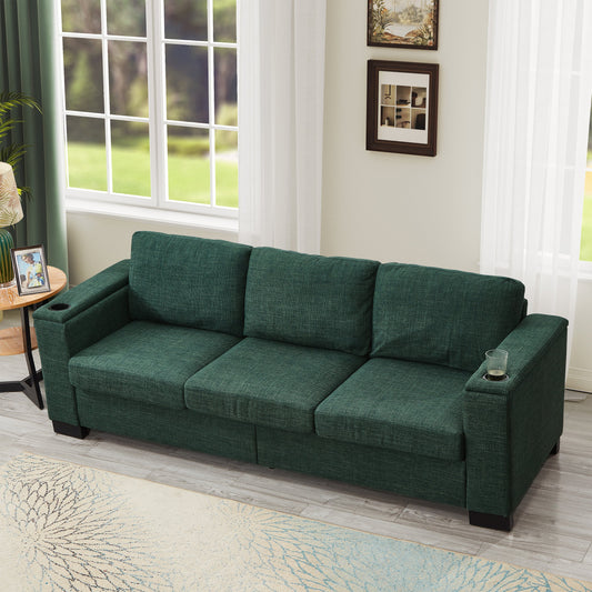 93.7' Modern Style Living Room Sofa Fabric Couch,Square Arm Sofa With Cup Holder,Storage Sofa,Upholstered Polyester Gree