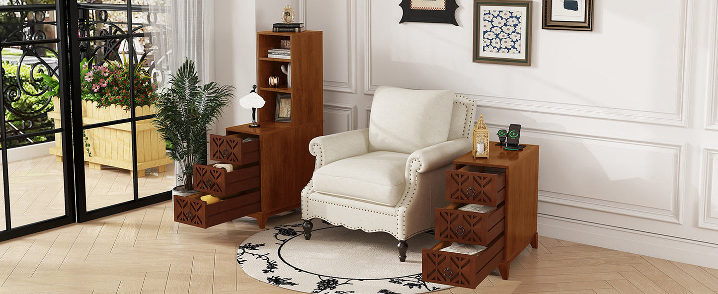 End Table With 3 Drawers, Corner Table With 2 Open Shelves, Tall Side Table for Bedroom and Corner, Walnut,Expect Arriva