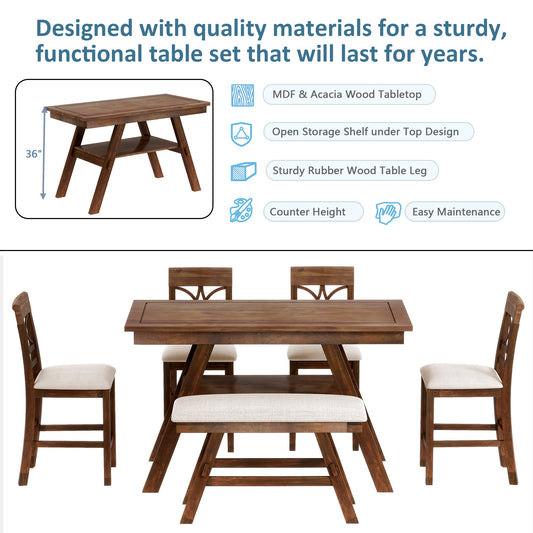 6-Piece Wood Counter Height Dining Table Set With Storage Shelf, Kitchen Table Set With Bench and 4 Chairs,Rustic Style,