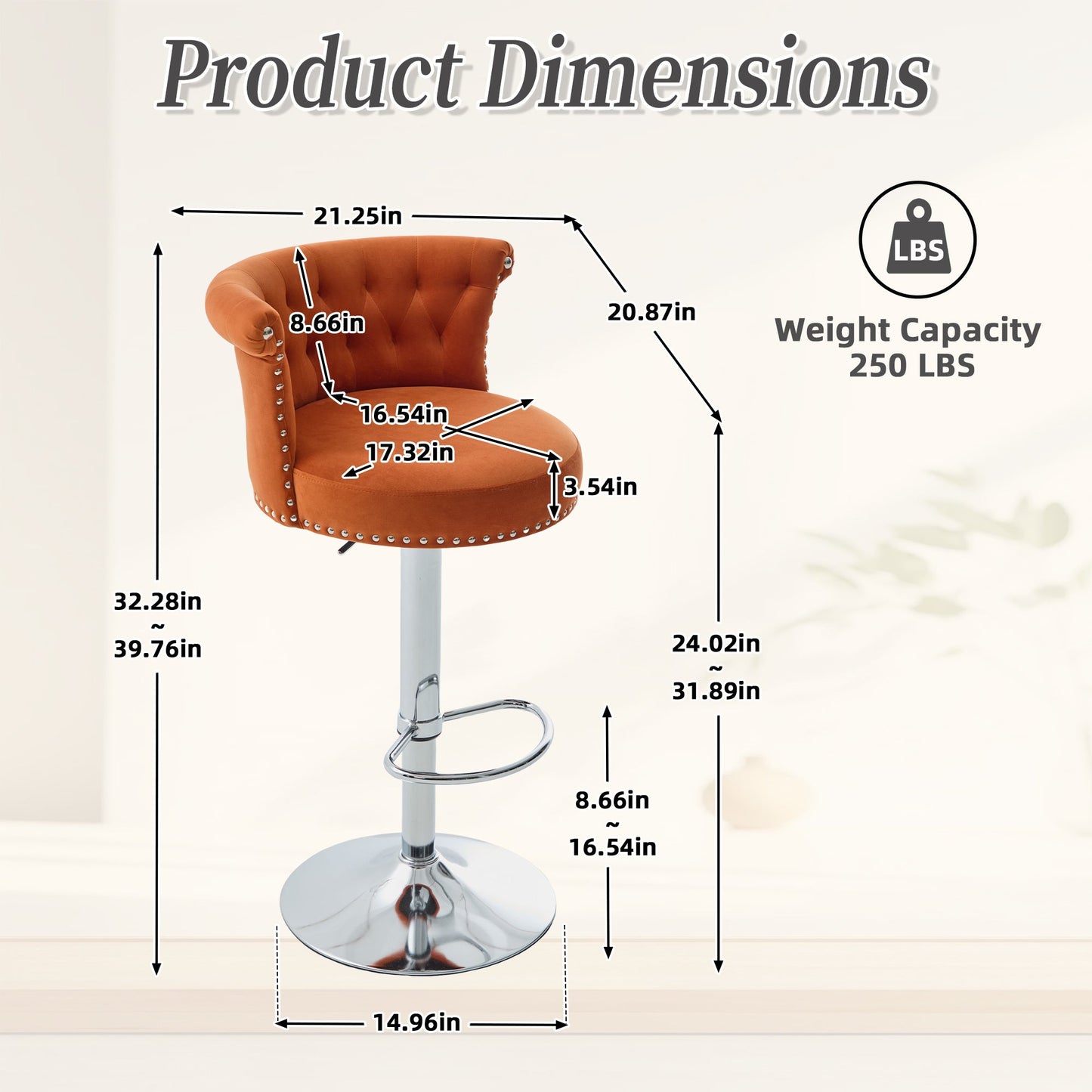 Velvet Bar Stool Set of 2, Adjustable Swivel Bar Stools With Silver Plated Metal Leg, Chrome Nailhead, Counter Height Ch