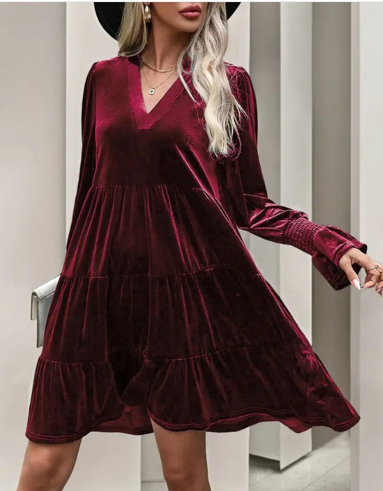 Elegant Velvet Long Sleeve Solid Color Dress