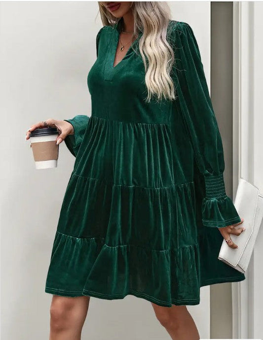 Elegant Velvet Long Sleeve Solid Color Dress