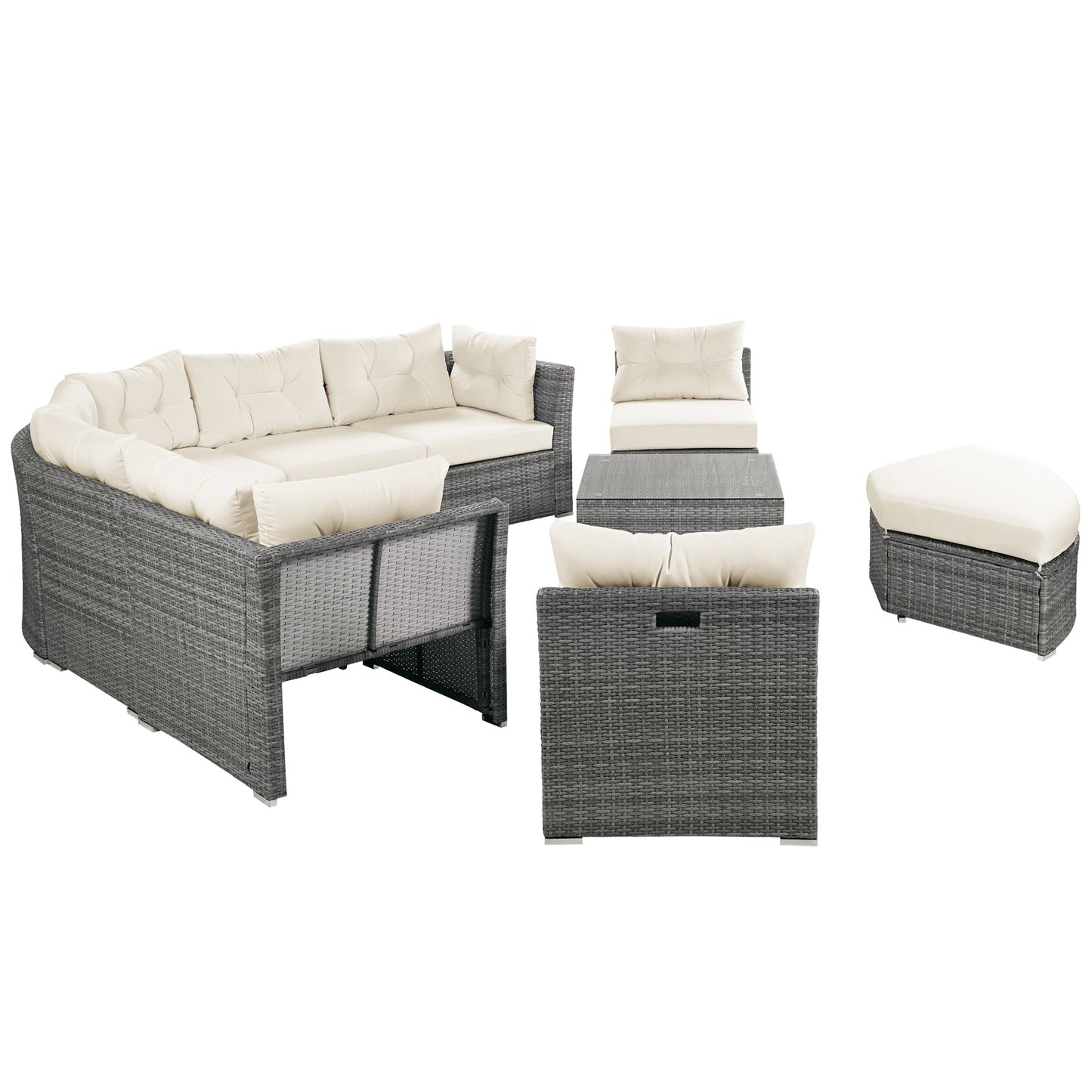 Patio Furniture Set Outdoor Daybed Rattan Sectional With Cushions and Center Table, Beige, Iron & Rattan, Multiple Sizes