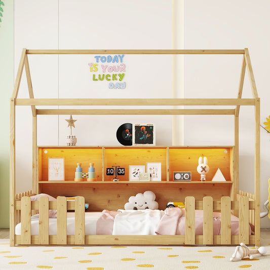 Twin Size House Bed With LED Light, Wood House Bed With Storage Bookshelf, Floor House Bed With Guardrails for Kids, Nat