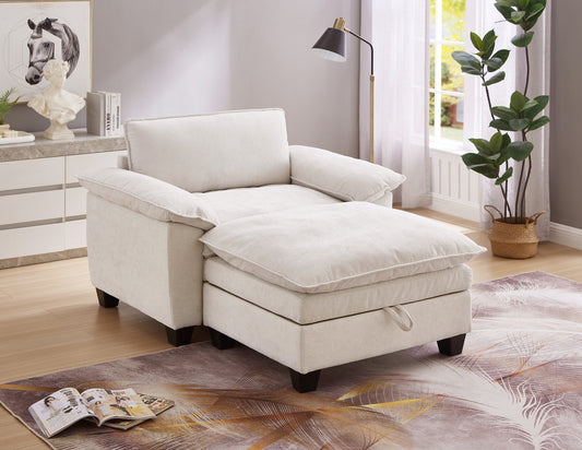 51' Oversize Chaise Lounge Chair With Ottoman and Storage Upholstered Soft Chenille Beige