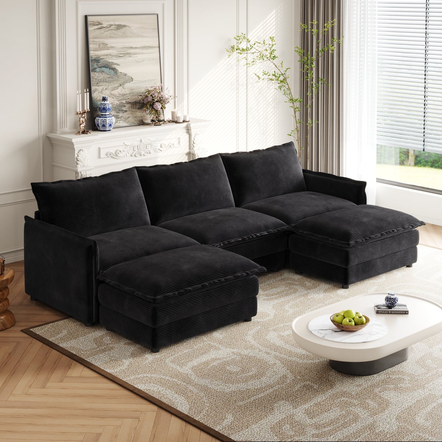 Corduroy Fabric 3-Seater Comfy Cloud Couch With 2 Movable Footrest for Living Room,Oversized Deep Seat U Shaped Couch Se