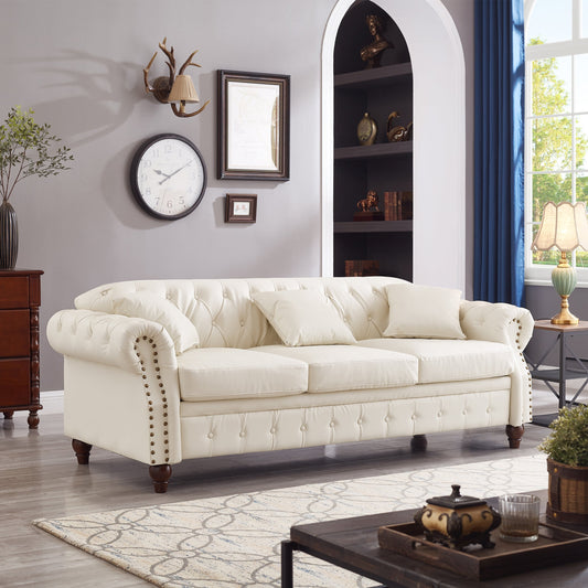 85.8' Living Room Chesterfield Sofa Classic Tufted Design Faux Leather PU Upholstered Sofa With Storage (Ivory)