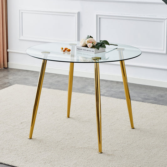 A Glass Tabletop With a Diameter of 40 Inches and a Modern Minimalist Circular Dining Table With Gold Plated Metal Legs.