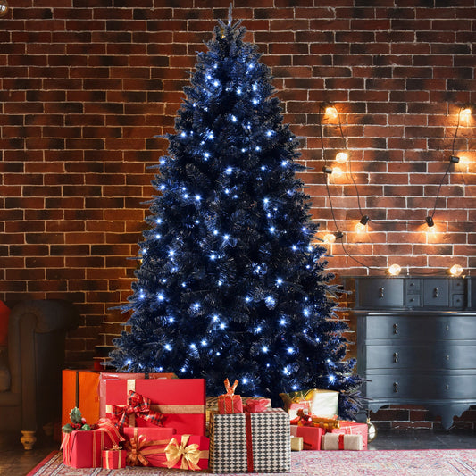 7.5ft Black Christmas Tree With 500 White LED Lights, 2156 Tips PE+PVC Artificial Tree for Halloween & Holiday Decor, Hi