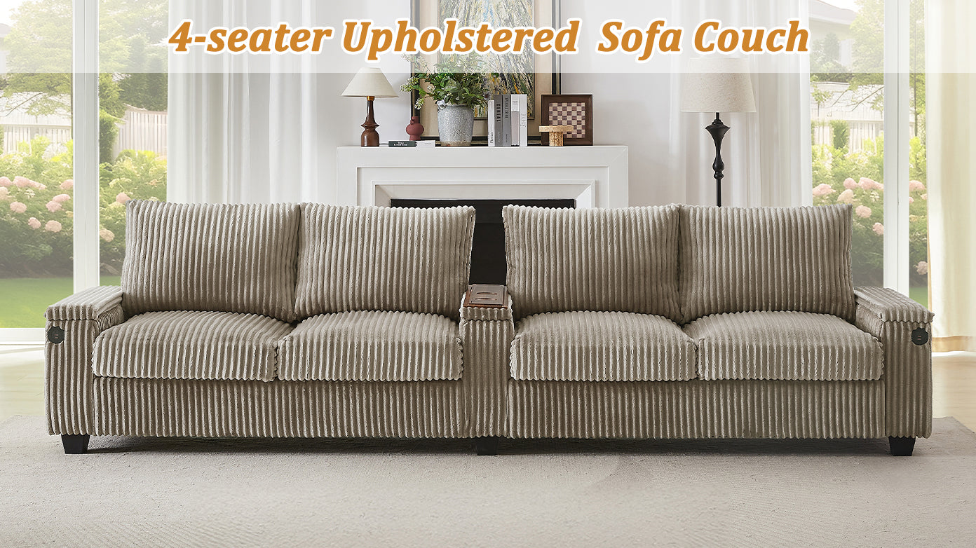 Modern 4-Seater Corduroy Sofa Couch With USB Ports, Hidden Storage Arms, and Flip-Top Cup Holders, Brown, 133 Inches
