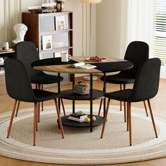 Table and Chair set.A 47.3-Inch Diameter Modern Splicing Circular Dining Table - Double-Layer storage.Paired With 4 Blac