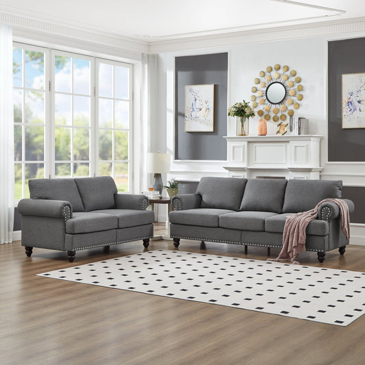 Modern Classic Design With Nails Living Room 2+3 Seater Sofa Fabric Couch,Upholstered Polyester Grey.