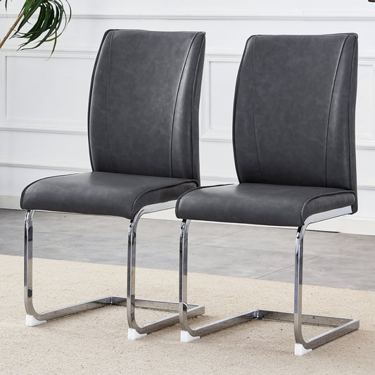 Luxury Simple Arch Chair - Set of 2 Dark Gray PU Material High Resilience Dining Chair With Arched Metal Silver Leg.Craz