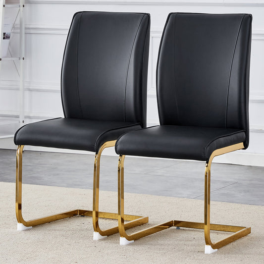Luxurious and Minimalist Chair Covers, 2 High Elasticity Dining Chairs, Black PU Material, Metal Gold Arched Legs.