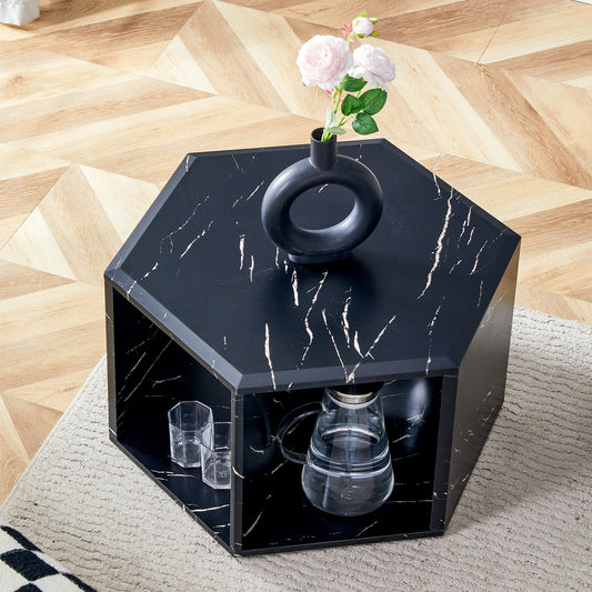 Hexagonal MDF Coffee Table, Characteristic Pattern Stickers, Multi-Hole Design to Give More Storage Space, Simple and Co