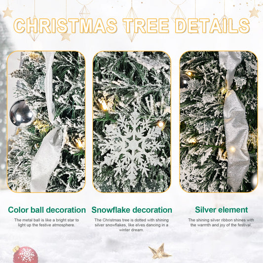 7FT Flocked Pop-Up Christmas Tree With 200 Warm White UL Lights – Pre-Decorated With Ornaments, Snowflakes, Ribbons & L