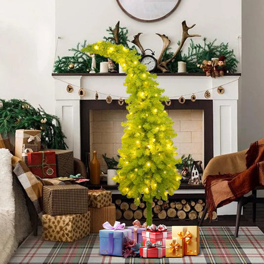 5FT Hinged Fir Artificial Fir Bent Top Christmas Tree, Xmas Tree Bendable Santa Hat Style Christmas Tree Holiday Decorat