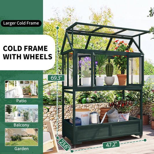 Garden Wood Portable Cold Frame With Movable Wheels Mini Greenhouse With Openable Roof and Storage Box, Forest Green
