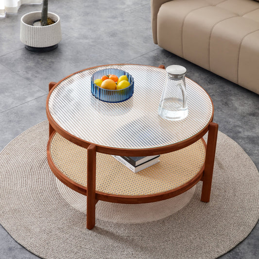 Modern Minimalist Circular Double-Layer Solid Wood Coffee Table With Glass Top, PE Rattan Layer, Walnut Finish