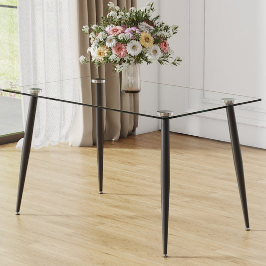 Modern Rectangular Glass Dining Table With Tempered Glass Top and Black Metal Legs for 4-6 People