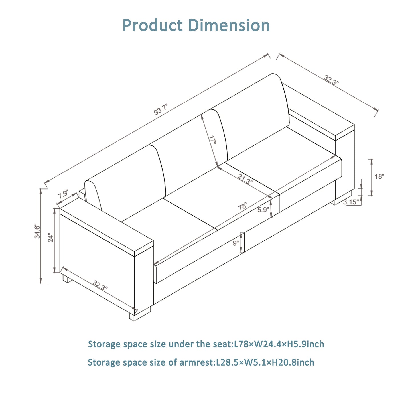 93.7' Modern Style Living Room Sofa Fabric Couch,Square Arm Sofa With Cup Holder,Storage Sofa,Upholstered Polyester Gree