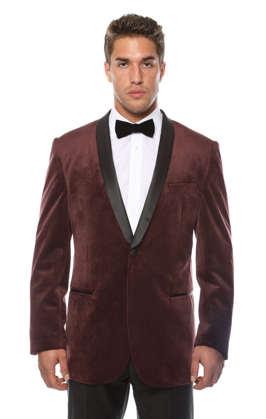 Enzo Burgundy Velvet Slim Fit Shawl Lapel Tuxedo Men's Blazer