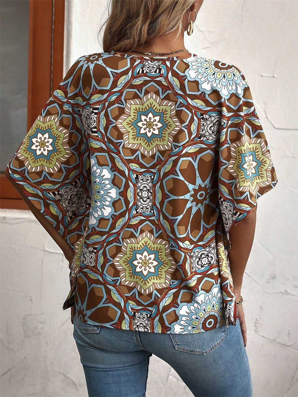 Boho Print V-Neck Short Sleeve Top – Summer Casual