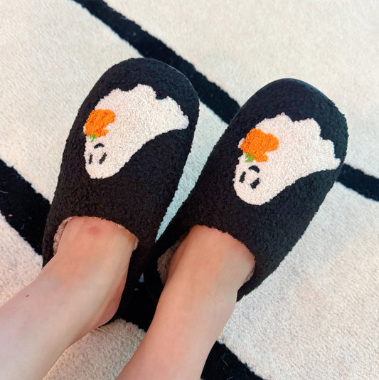 Spooky Ghost Cozy Slippers – Soft Black Slippers With Cute Ghost and Pumpkin Embroidery