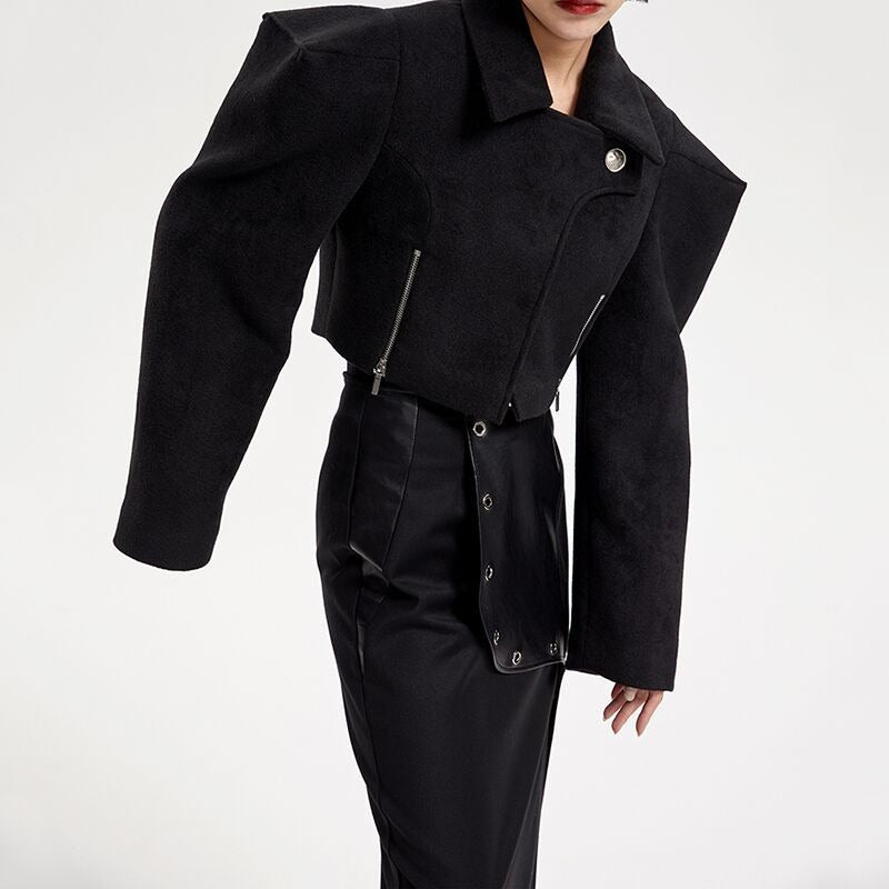 Wide-Shoulder Short Woolen Coat for Women, Financial District, BYMANYC New York.