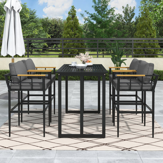 Iron Outdoor Dining Set With Acacia Wood Armrest Suitable for Patio, Balcony or Backyard