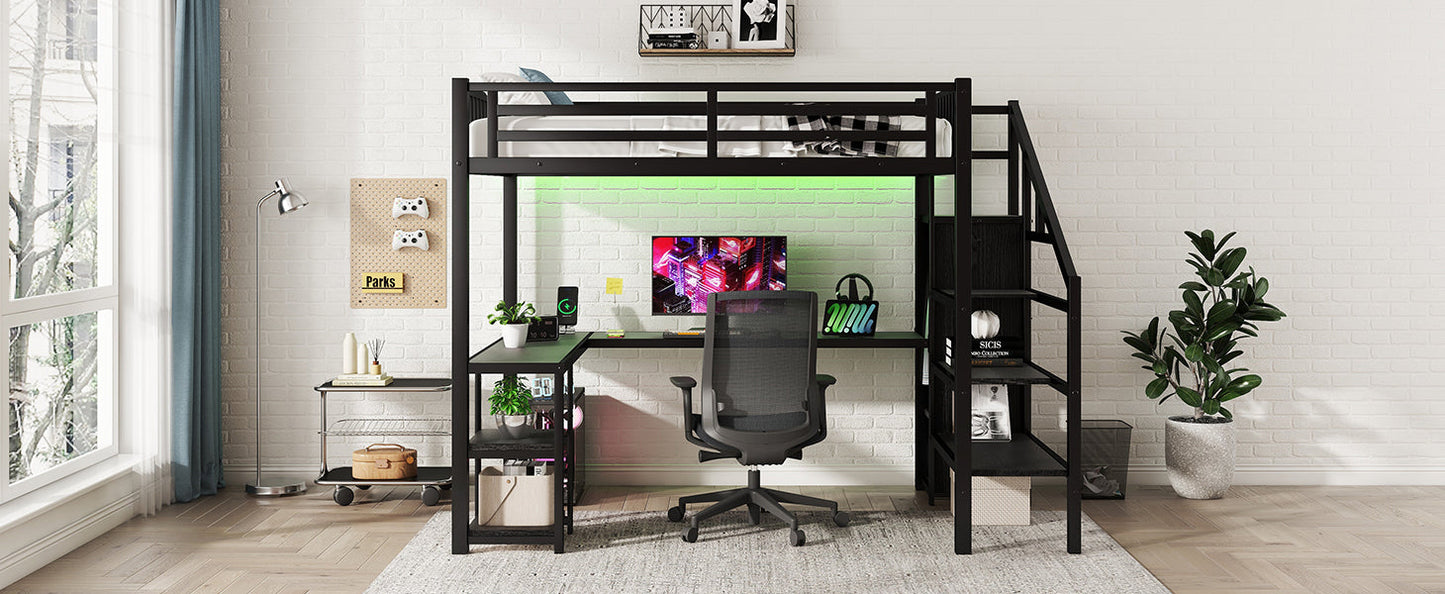Metal Full Loft Bed With Wardrobe and LED Light, Full Size Loft Bed With L Shaped Desk and USB for Kids Teens Adults, Bl