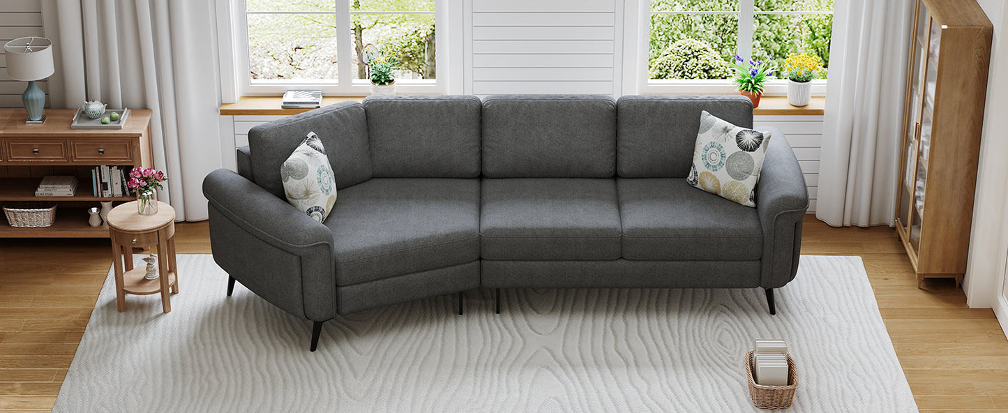 111' Upholstered 3-Seater Sofa Curved Sofa Couch With Two Printed Pillows for Living Room, Dark Gray