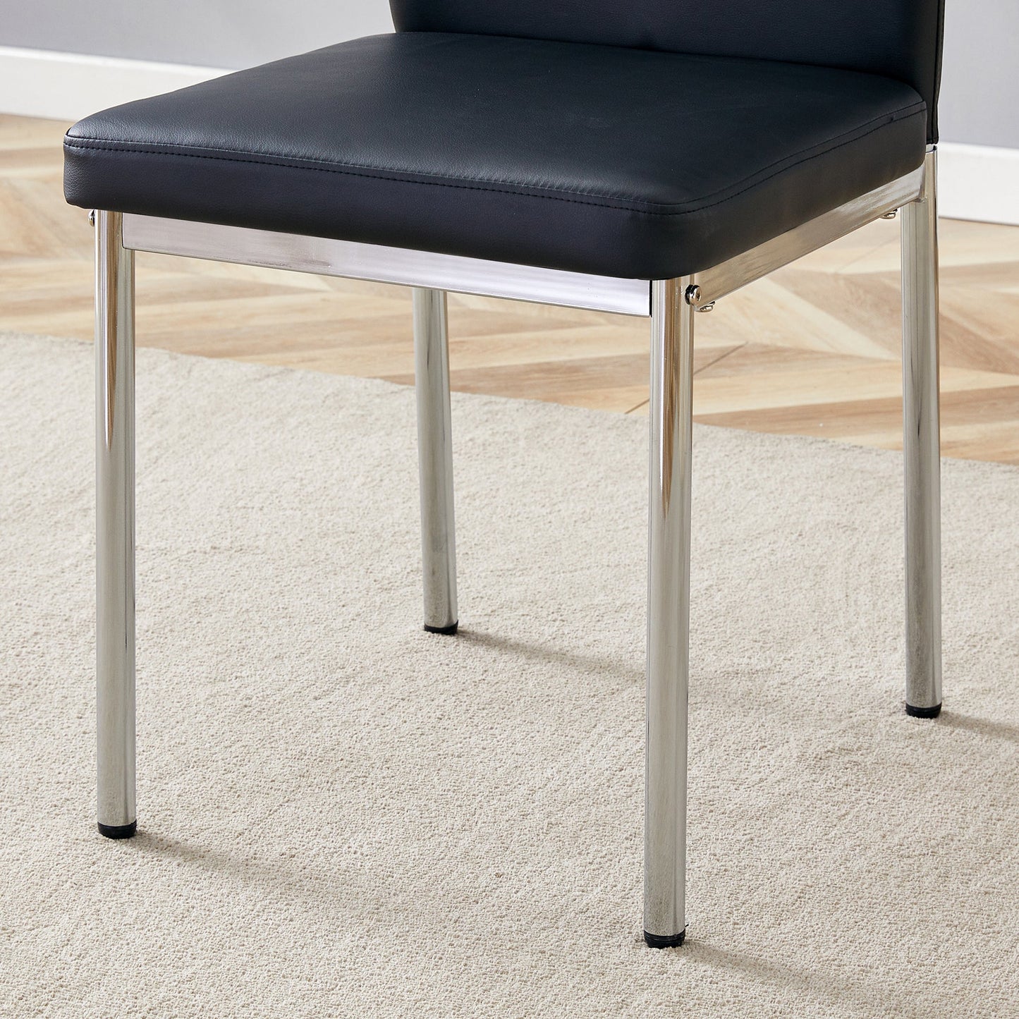 Table and Chair set.A 38.6' Transparent Tempered Glass Round Dining Table-Silver Metal Legs.Paired With 6 BLACK PU Mater