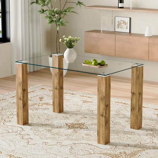 A 49.6 * 30 Inch Transparent Tempered Glass Dining Table With Rectangular Wood Color MDF Wood Grain Legs, Combining Simp