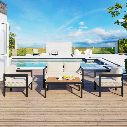 Multi-Person Outdoor Iron Sofa Set With a Table, Rattan Decoration, Waterproof, Rust-Proof, Suitable for Garden, Lawn Us