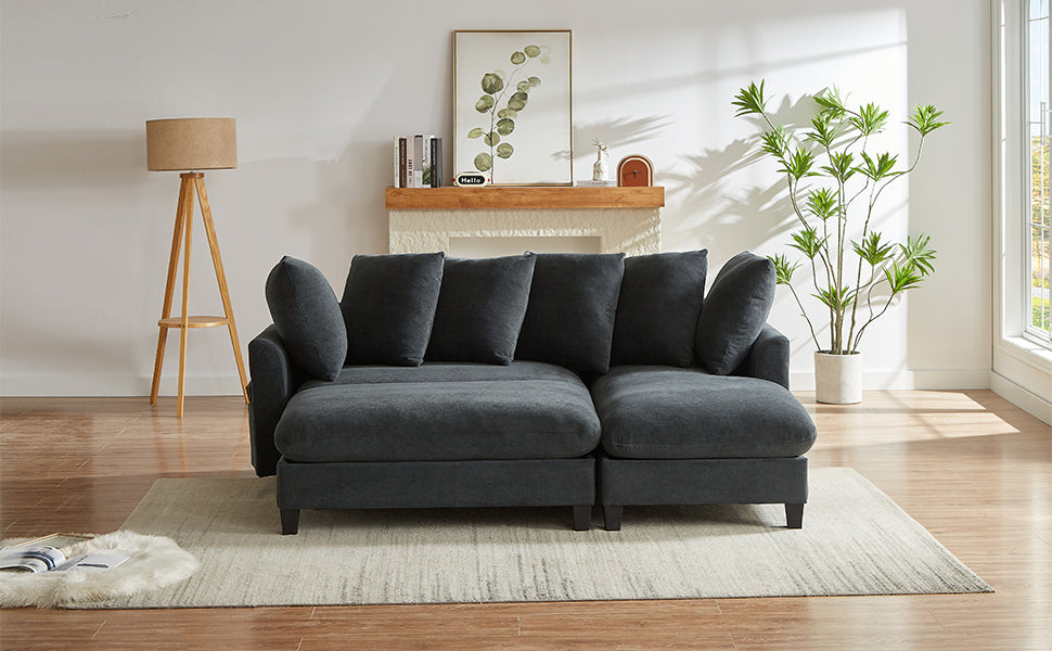 Black Upholstered 83' L-Shaped Sectional Sofa With Storage, Movable Ottoman, and Six Throw Pillows