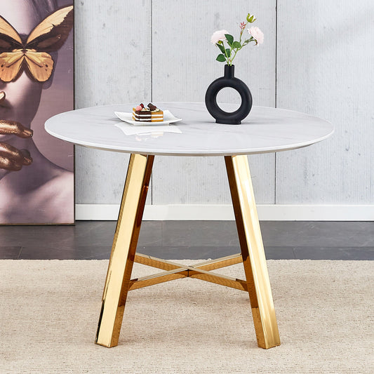 Modern Minimalist White Patterned Circular Dining Table and Coffee Table. MDF Desktop, Diameter 42 Inches, Stainless Ste