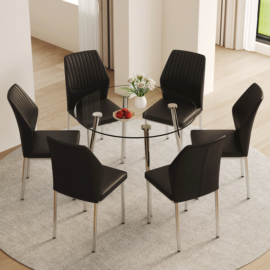 Table and Chair set.A 38.6' Transparent Tempered Glass Round Dining Table-Silver Metal Legs.Paired With 6 BLACK PU Mater