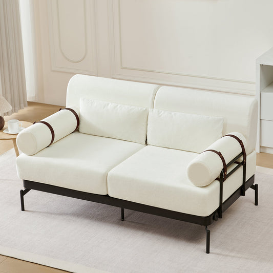 Modern Loveseat Sofa 59' Couch With Flexible USB Ports, Unique Cylindrical Armrests, Beige Chenille