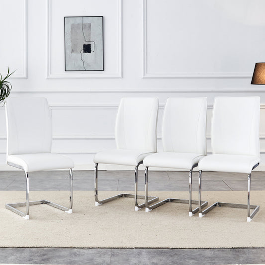 Luxury Simple Arch Chair Set of 8 White PU Material High Resilience Dining Chairs With Arched Silver Metal Legs