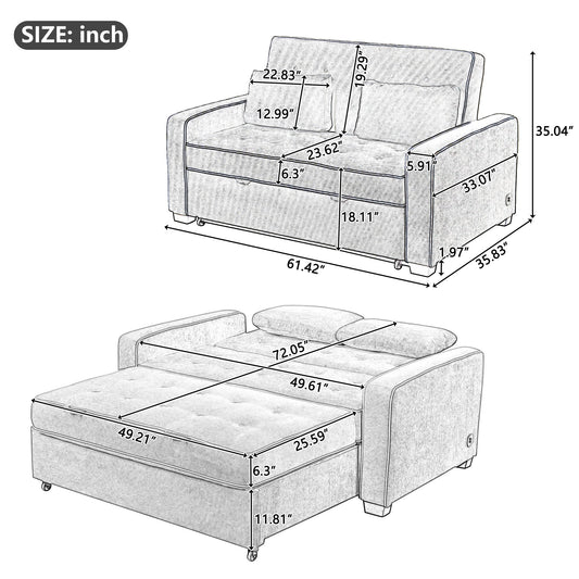 61.4' Upholstered Sleeper Bed, Pull Out Sofa Bed Couch Attached Two Throw Pillows, Dual USB Charging Port and Adjustable