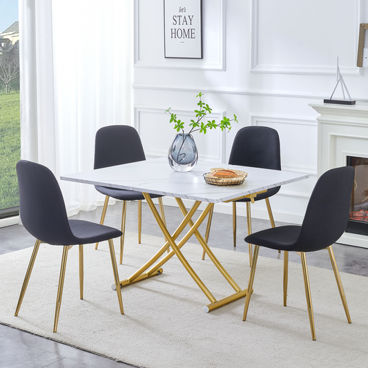Table and Chair Set. Modern Multifunctional Lifting Platform, White Textured Sticker MDF Desktop, Gold Metal Legs. Paire
